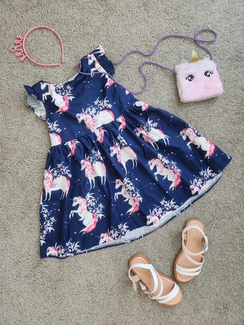 Girls 4T Unicorn Print Dress | Navy, Pink, White, Ruffle, Party